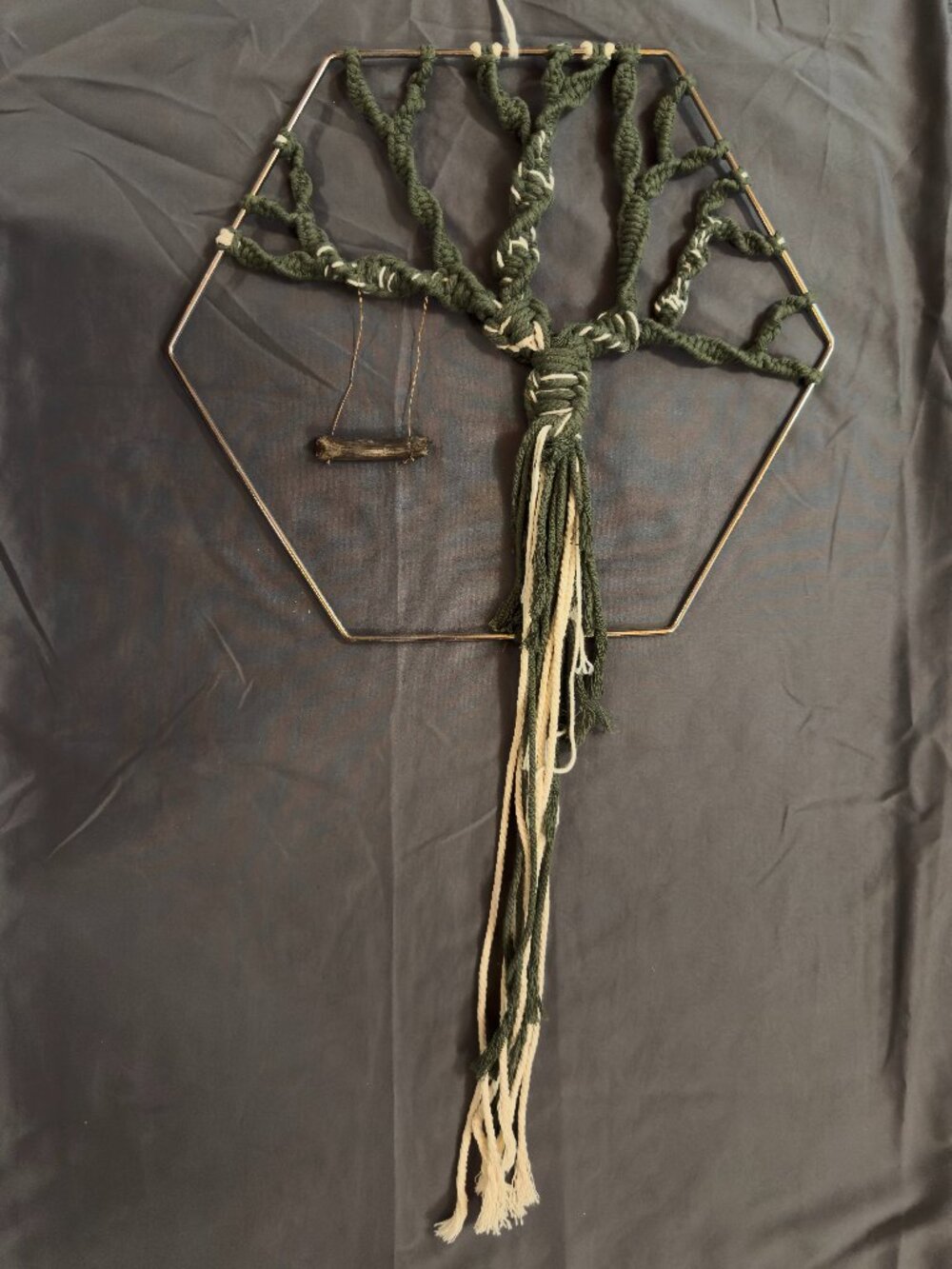 12" Silver Hexagon Ring Boho Macrame Green & Cream Tree of Life with Wood Swing